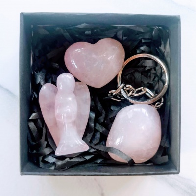 Rose Quartz Set 3 Piece - Pocket Angel, Keyring & Heart